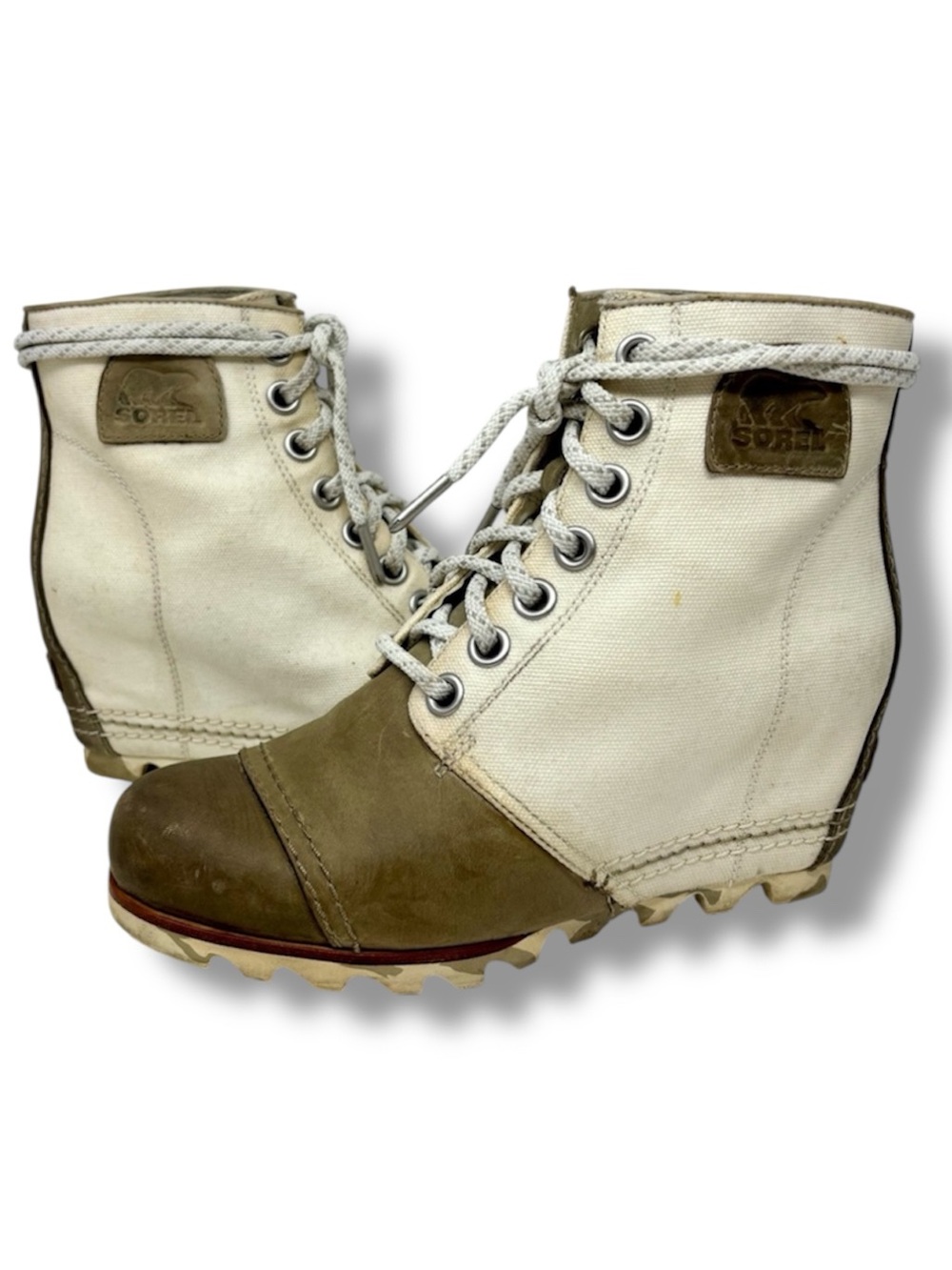 Sorel 1964 Premium Hidden Wedge Boots Off White Tan Leather Lace Up Ankle Bootie